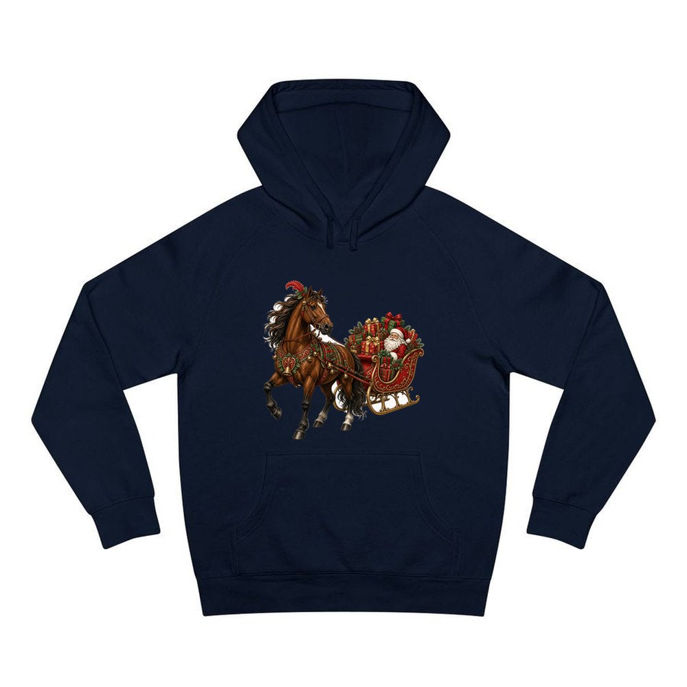 Horse Drawn Santa Sleigh personalised Christmas hoodie in navy