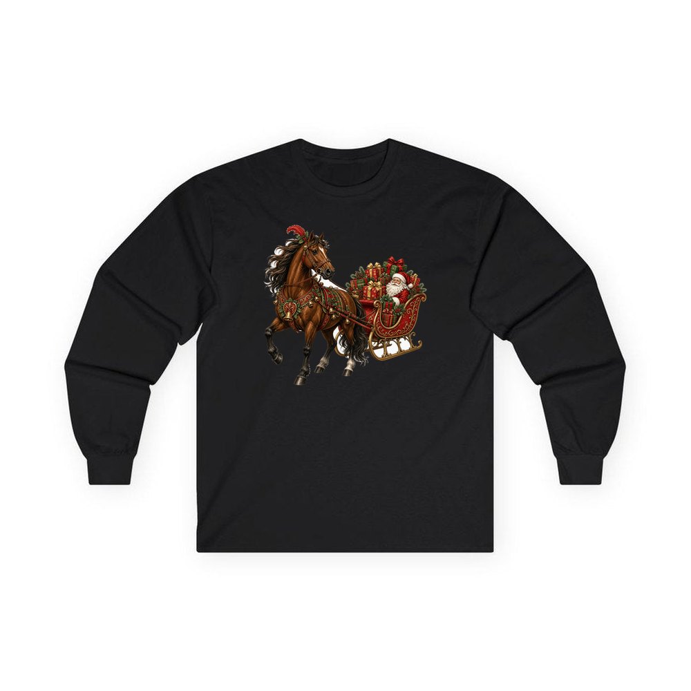 Horse Drawn Santa Sleigh personalised long sleeve Christmas T-shirt in black
