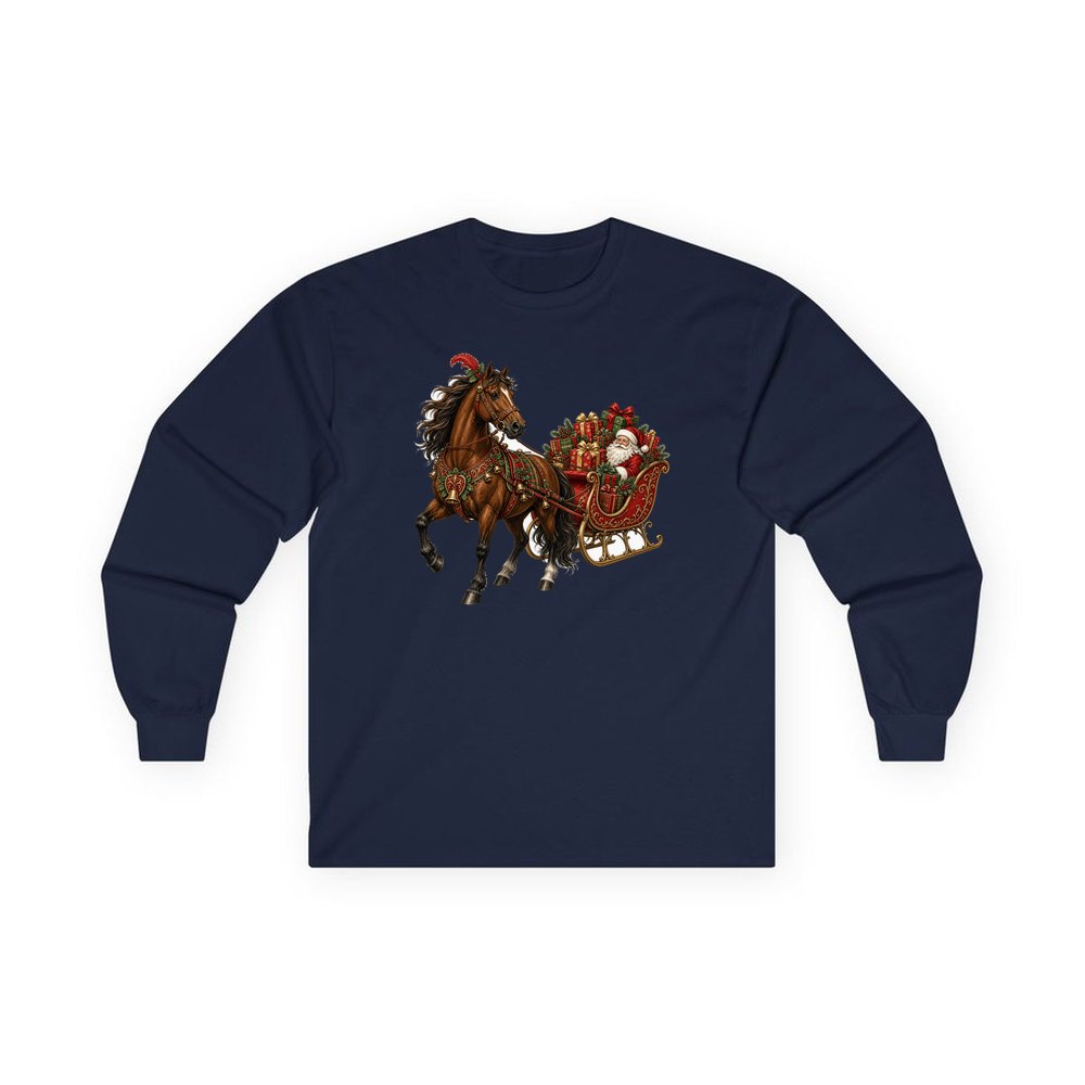 Horse Drawn Santa Sleigh personalised long sleeve Christmas T-shirt in navy