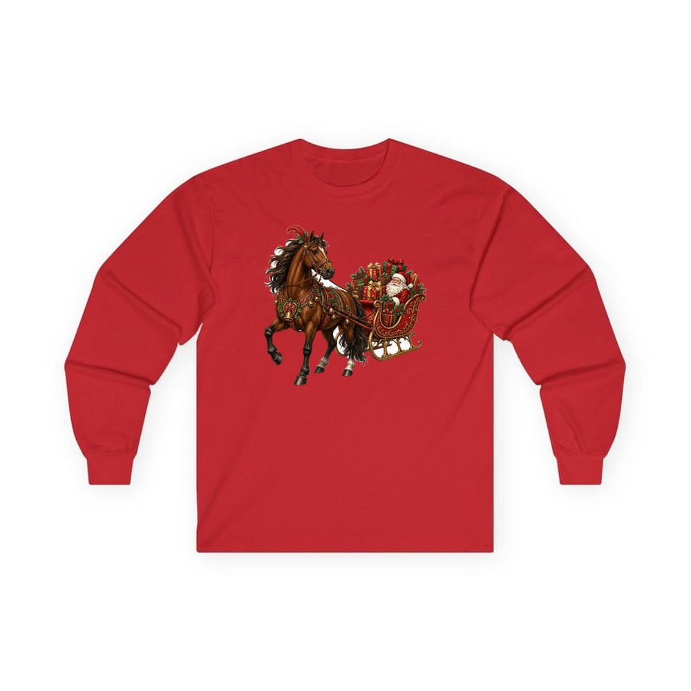 Horse Drawn Santa Sleigh personalised long sleeve Christmas T-shirt in red