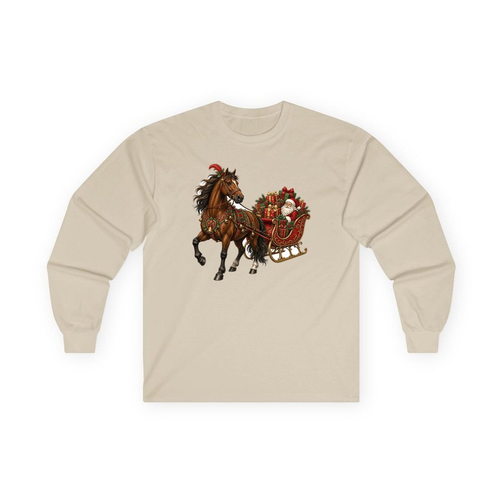 Horse Drawn Santa Sleigh personalised long sleeve Christmas T-shirt in sand