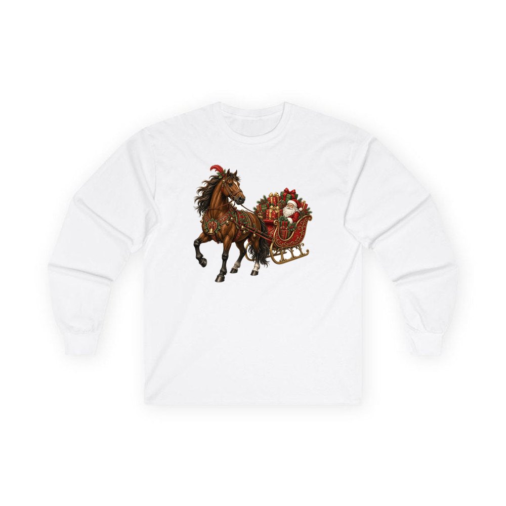 Horse Drawn Santa Sleigh personalised long sleeve Christmas T-shirt in white