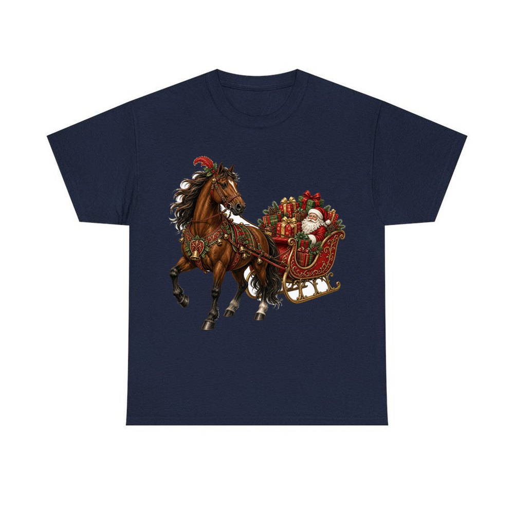 Horse Drawn Santa Sleigh personalised Christmas T-shirt in navy