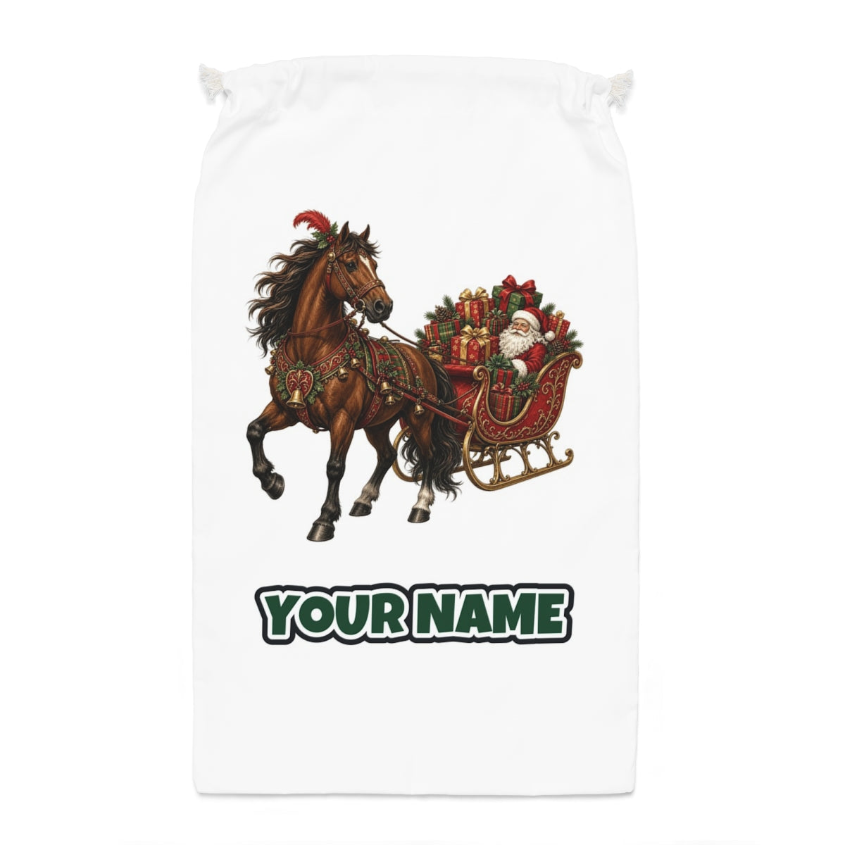 Horse Drawn Santa Sleigh Santa sack laid flat, showing the full print