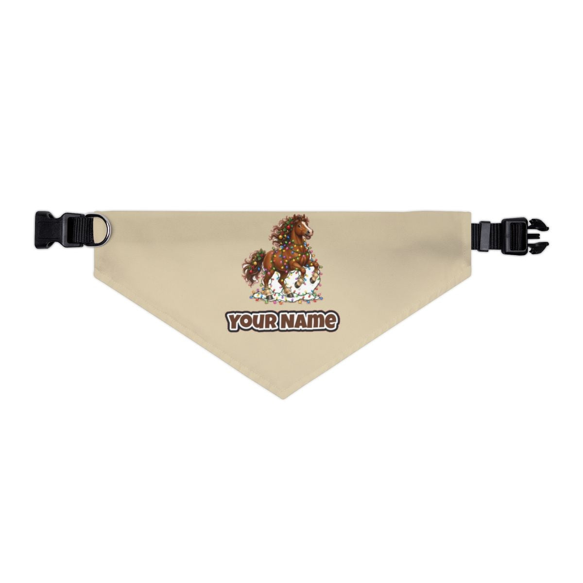 Horse Tangled in Lights personalised Christmas pet bandana in beige, collar with buckle