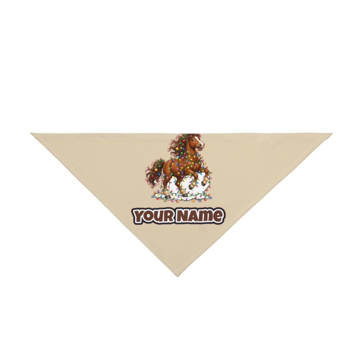 Horse Tangled in Lights personalised Christmas pet bandana in beige, tie-on style