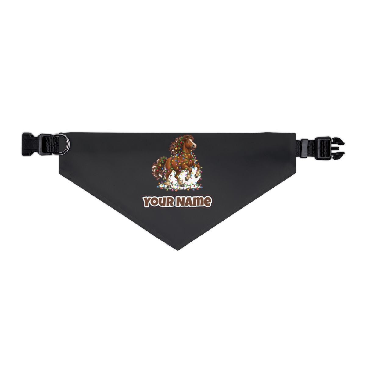 Horse Tangled in Lights personalised Christmas pet bandana in black, collar with buckle