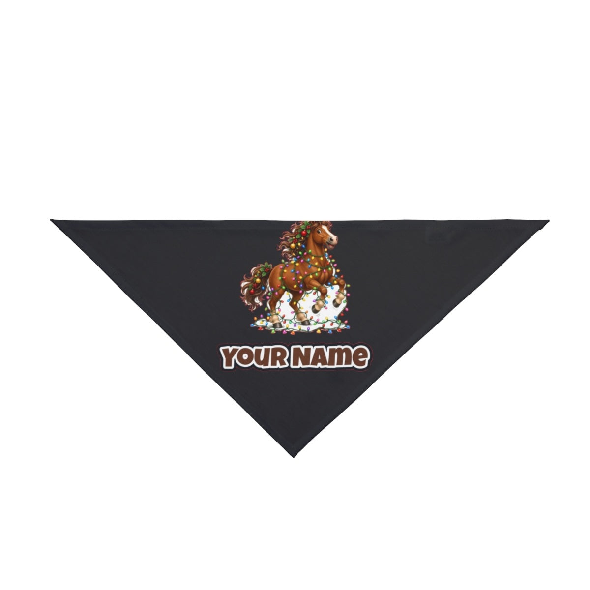 Horse Tangled in Lights personalised Christmas pet bandana in black, tie-on style