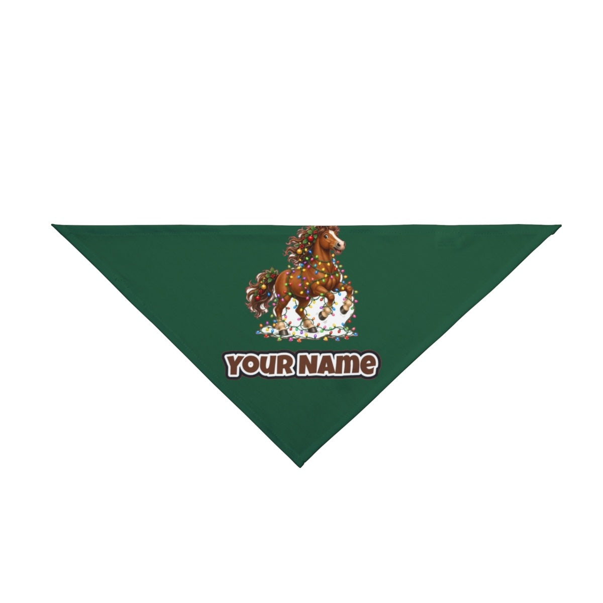 Horse Tangled in Lights personalised Christmas pet bandana in green, tie-on style