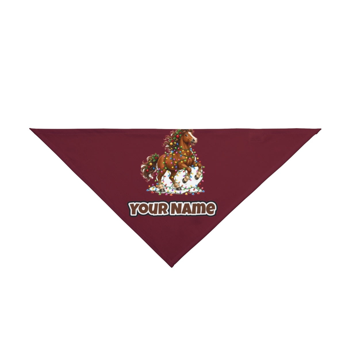 Horse Tangled in Lights personalised Christmas pet bandana in maroon, tie-on style