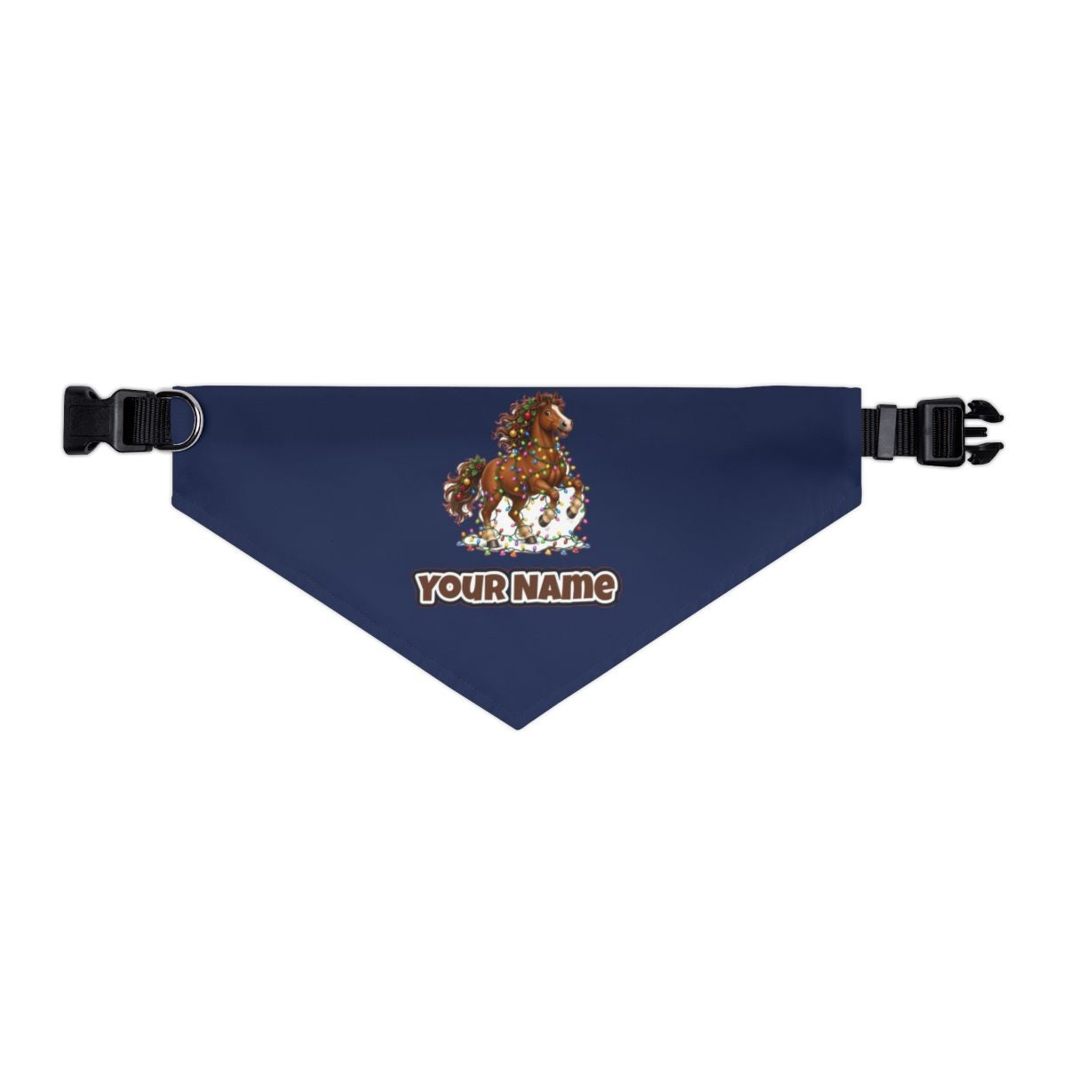 Horse Tangled in Lights personalised Christmas pet bandana in navy, collar with buckle