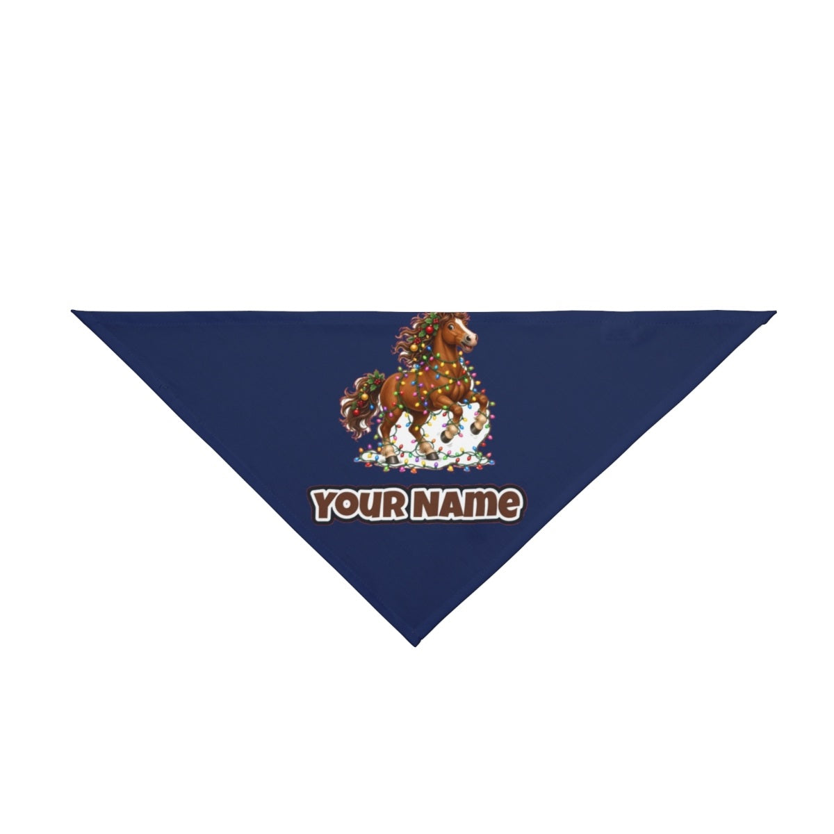Horse Tangled in Lights personalised Christmas pet bandana in navy, tie-on style