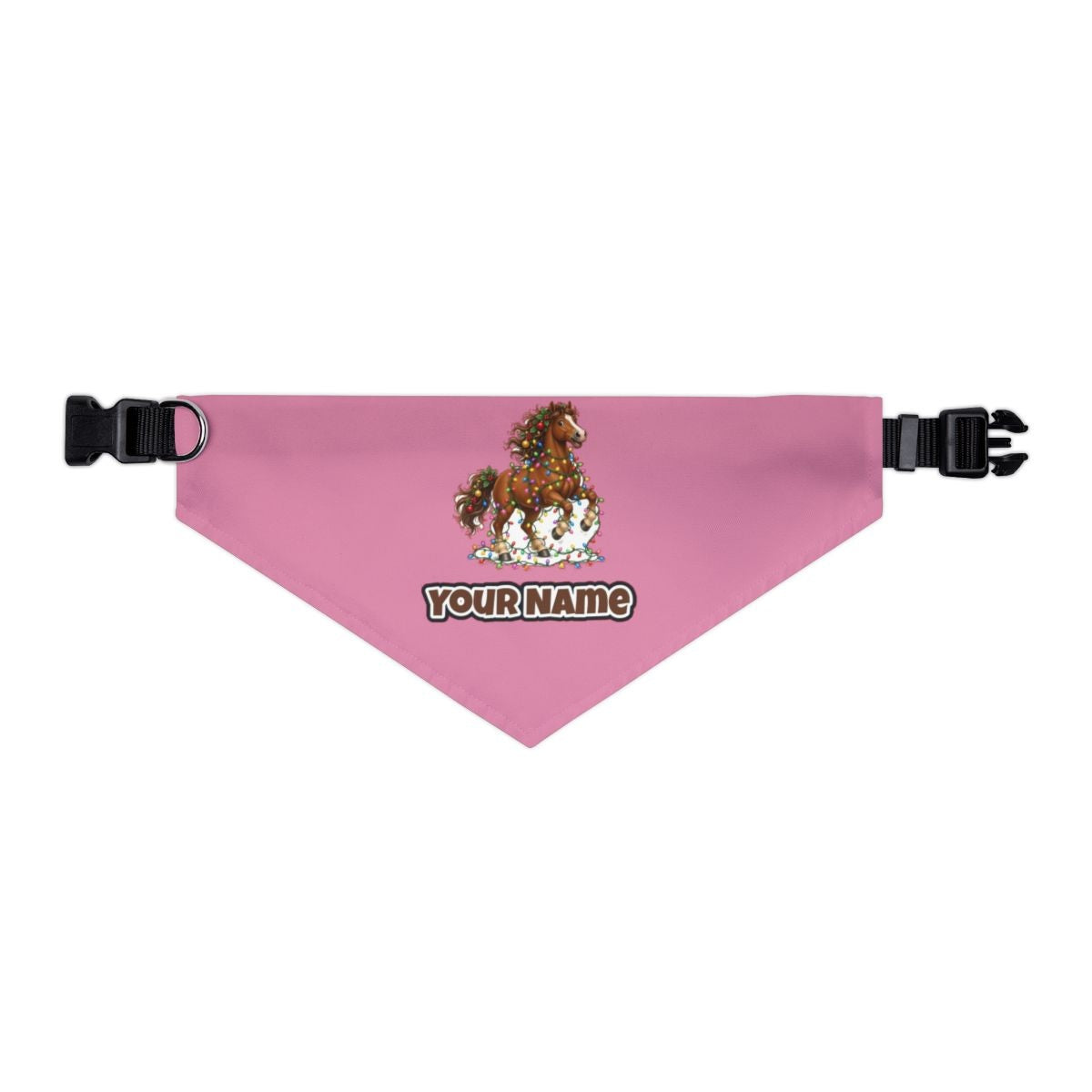 Horse Tangled in Lights personalised Christmas pet bandana in pink, collar with buckle