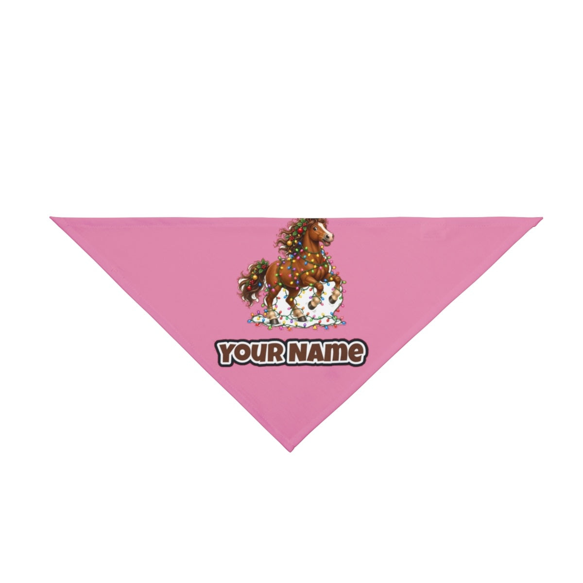 Horse Tangled in Lights personalised Christmas pet bandana in pink, tie-on style
