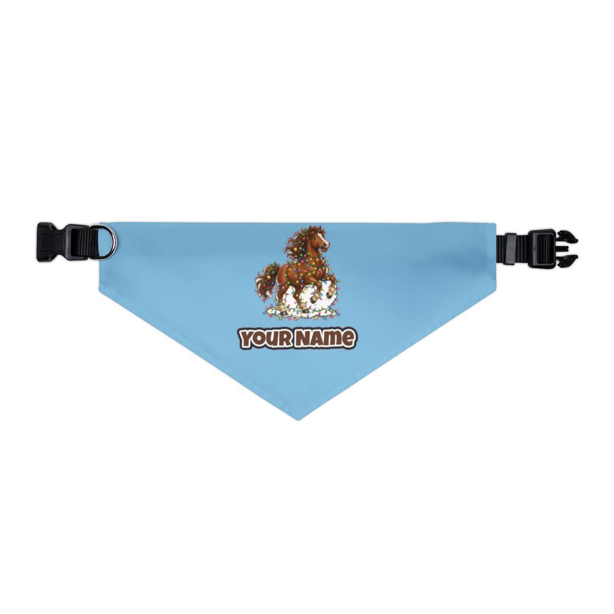 Horse Tangled in Lights personalised Christmas pet bandana in sky blue, collar with buckle