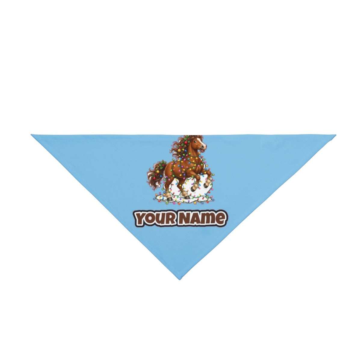 Horse Tangled in Lights personalised Christmas pet bandana in sky blue, tie-on style