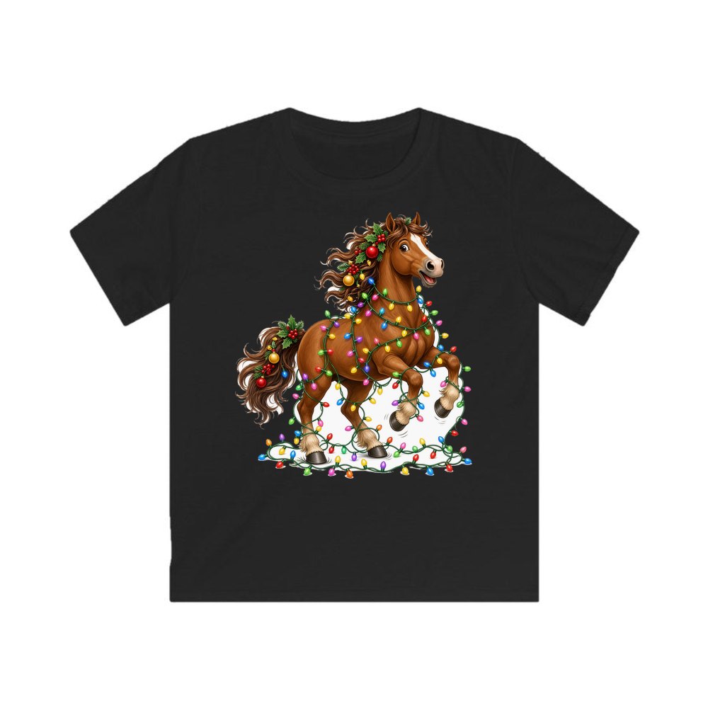 Horse Tangled in Lights personalised kids Christmas tee in black
