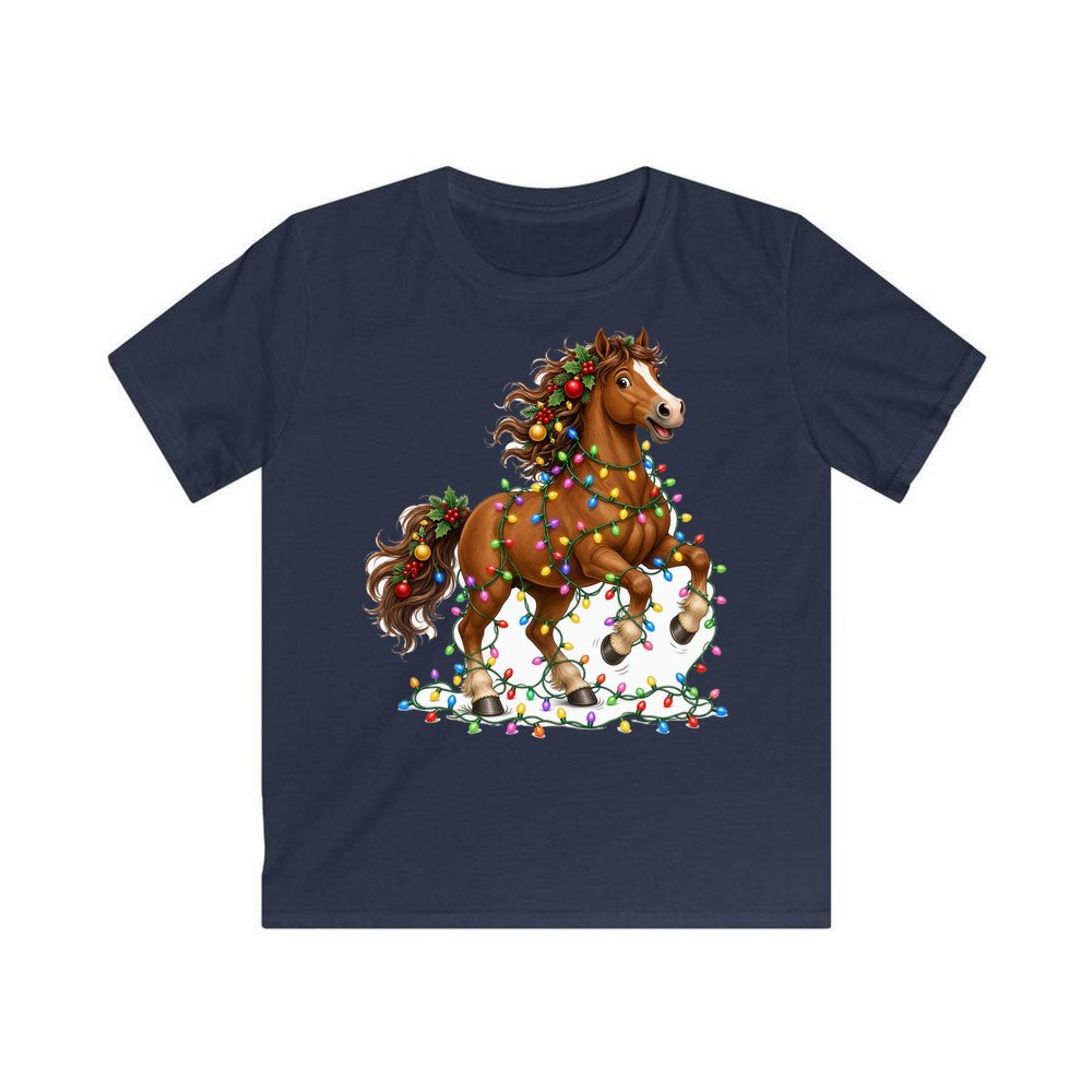 Horse Tangled in Lights personalised kids Christmas tee in navy