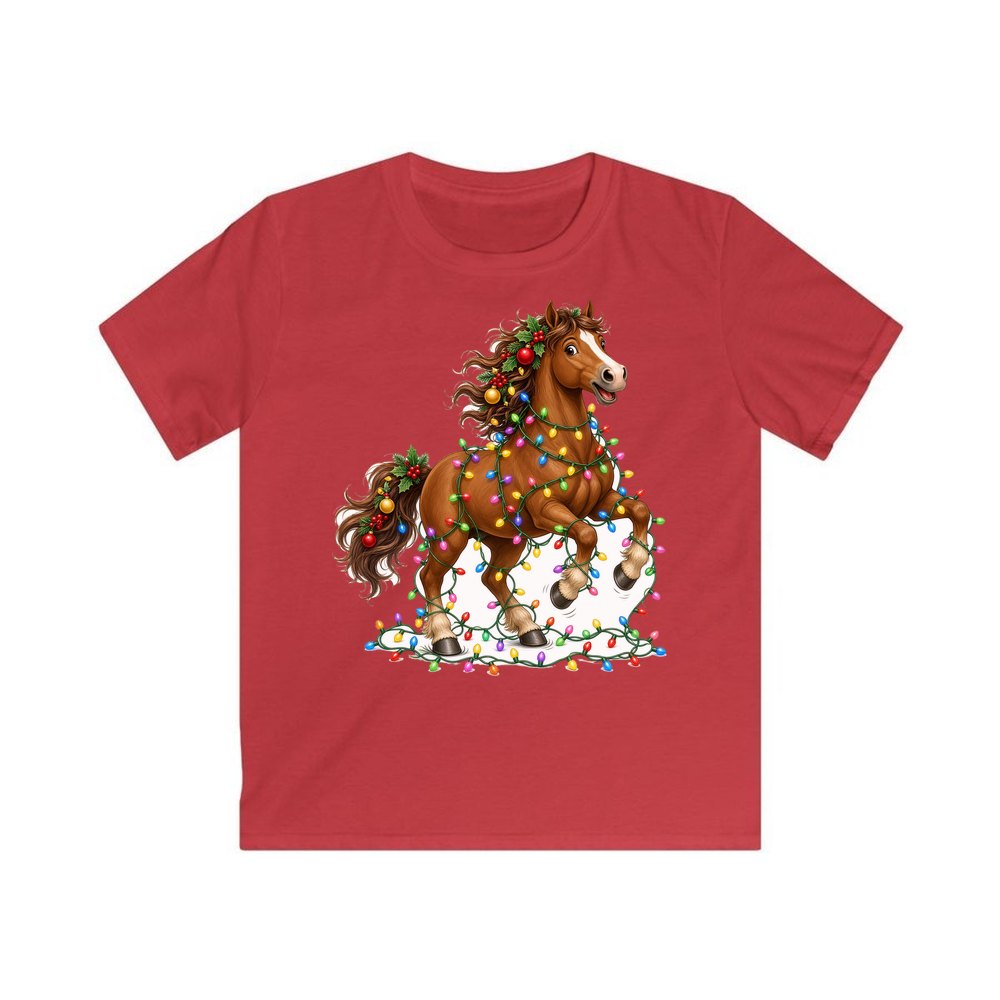 Horse Tangled in Lights personalised kids Christmas tee in red