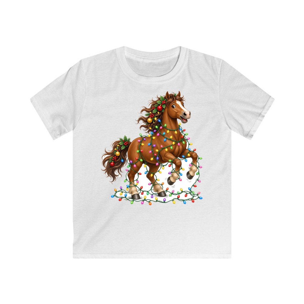 Horse Tangled in Lights personalised kids Christmas tee in white