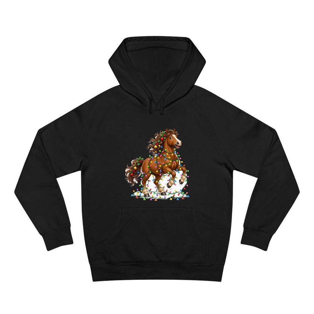 Horse Tangled in Lights personalised Christmas hoodie in black