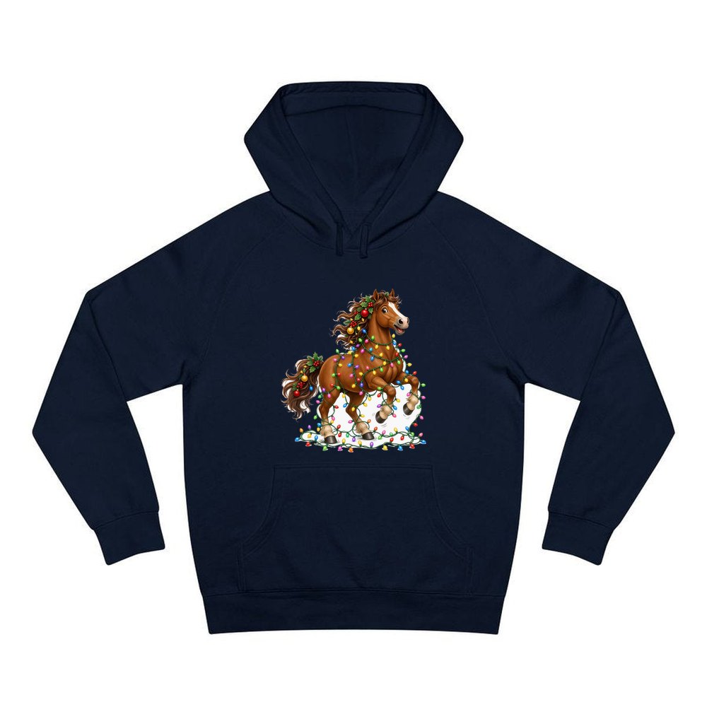 Horse Tangled in Lights personalised Christmas hoodie in navy