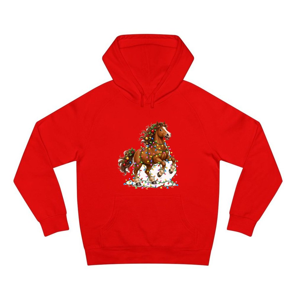 Horse Tangled in Lights personalised Christmas hoodie in red