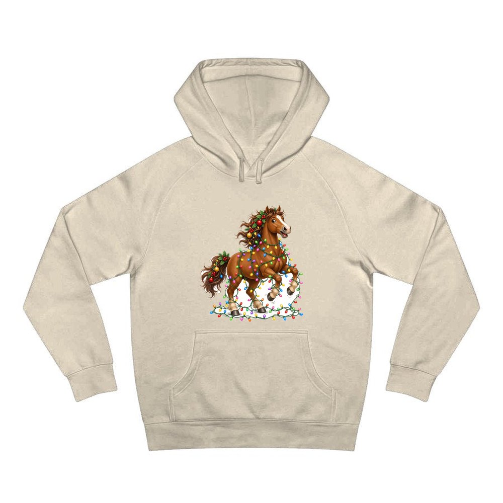 Horse Tangled in Lights personalised Christmas hoodie in sand