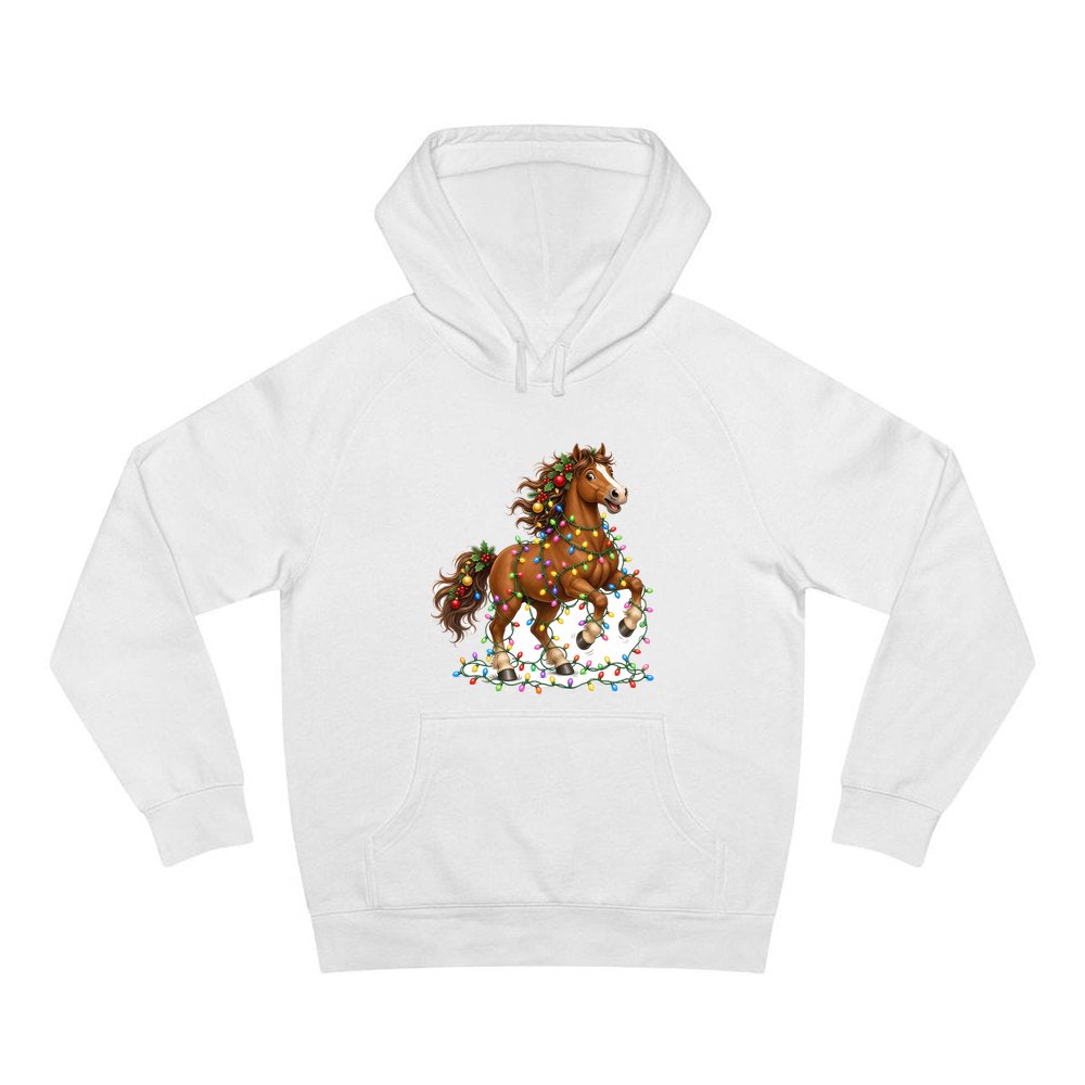 Horse Tangled in Lights personalised Christmas hoodie in white