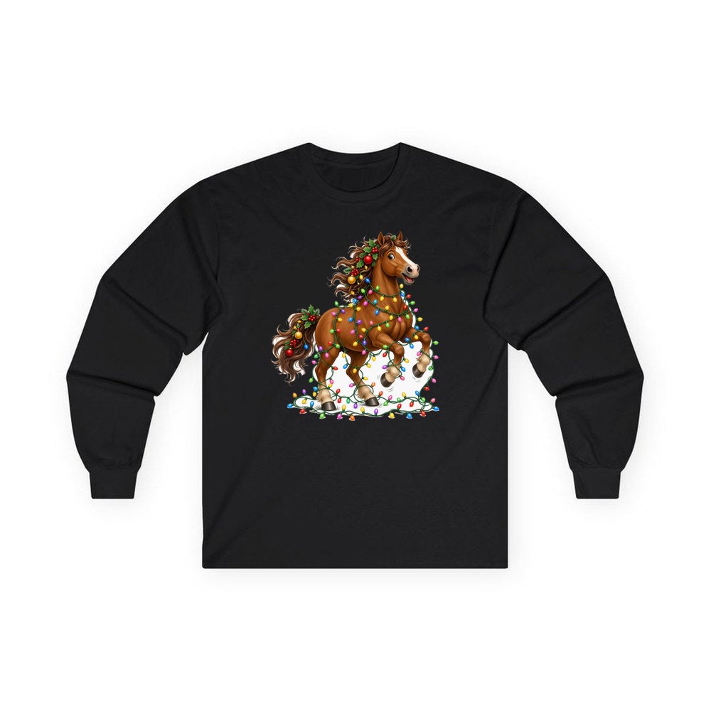 Horse Tangled in Lights personalised long sleeve Christmas T-shirt in black