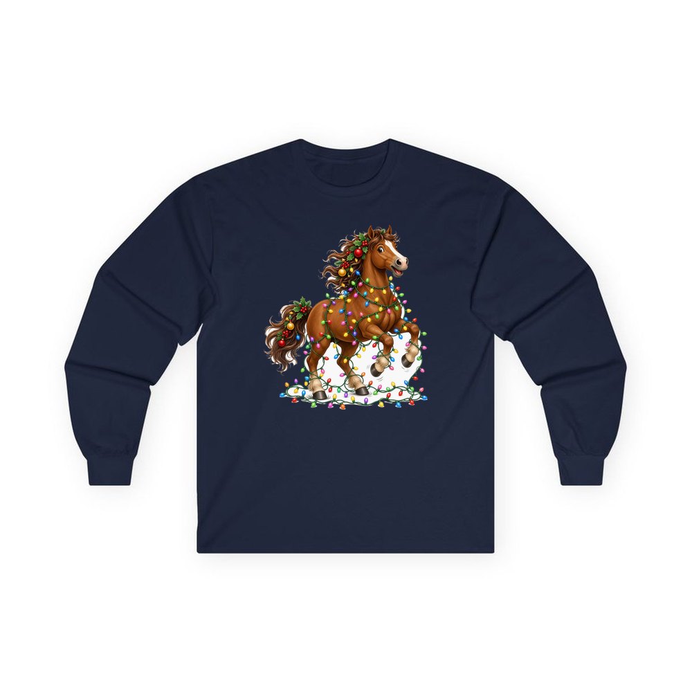 Horse Tangled in Lights personalised long sleeve Christmas T-shirt in navy