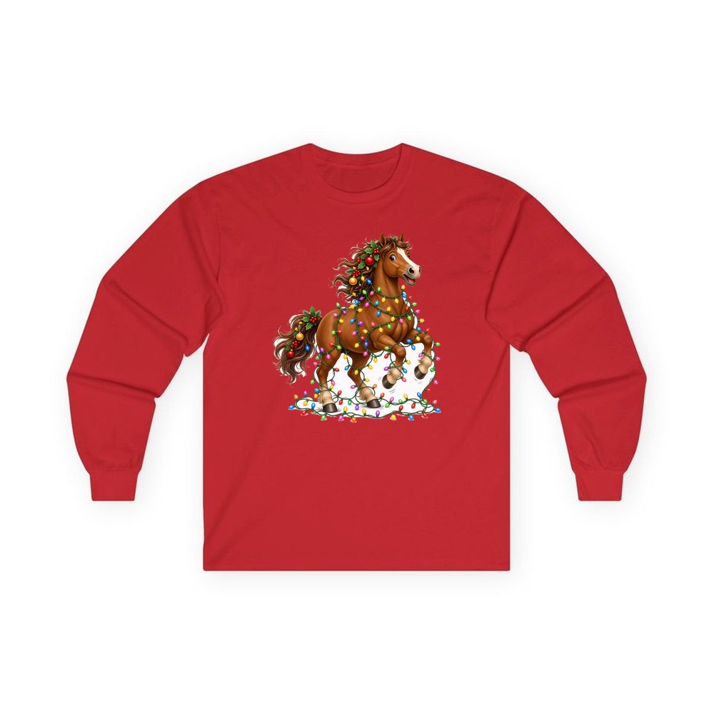 Horse Tangled in Lights personalised long sleeve Christmas T-shirt in red