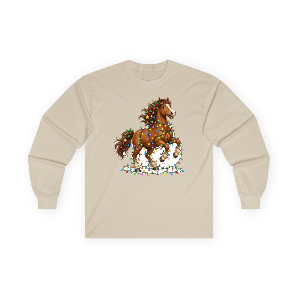 Horse Tangled in Lights personalised long sleeve Christmas T-shirt in sand