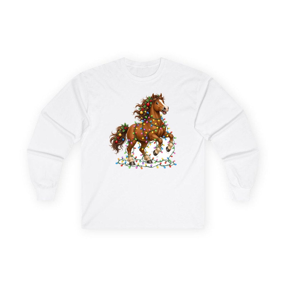 Horse Tangled in Lights personalised long sleeve Christmas T-shirt in white