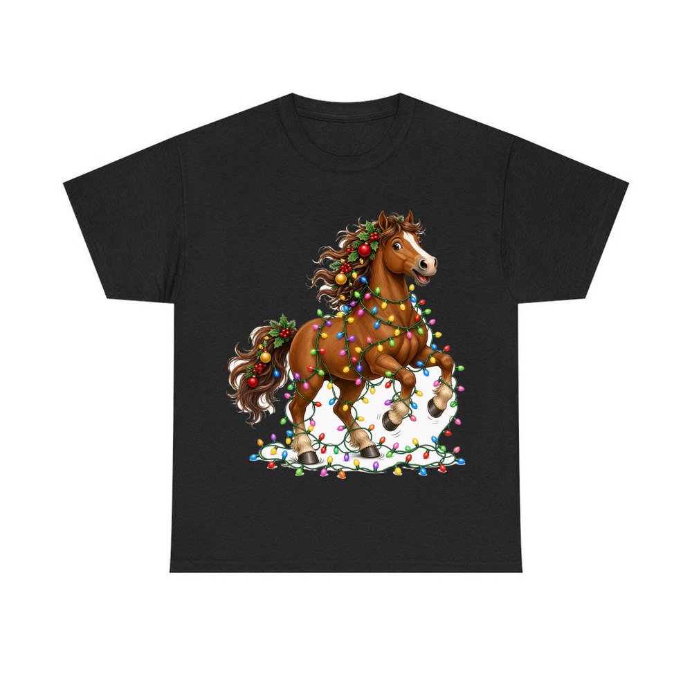 Horse Tangled in Lights personalised Christmas T-shirt in black