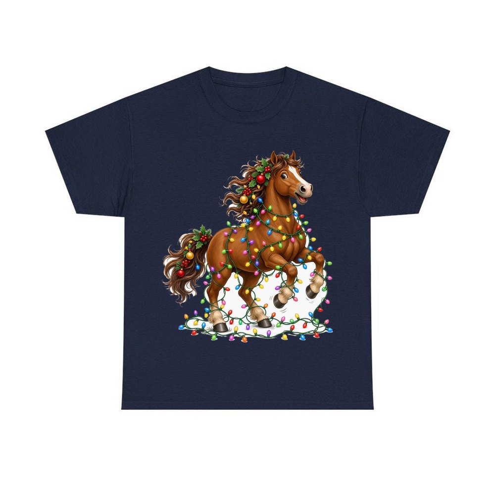 Horse Tangled in Lights personalised Christmas T-shirt in navy