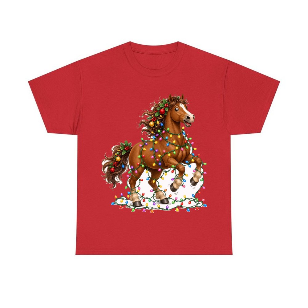 Horse Tangled in Lights personalised Christmas T-shirt in red