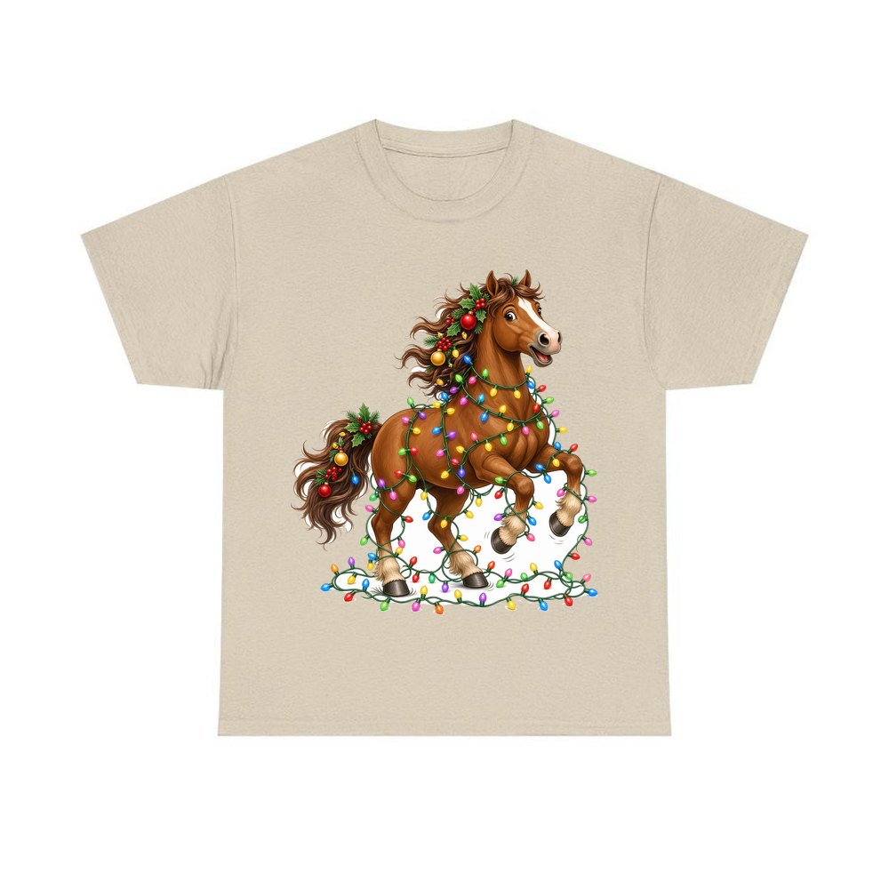Horse Tangled in Lights personalised Christmas T-shirt in sand