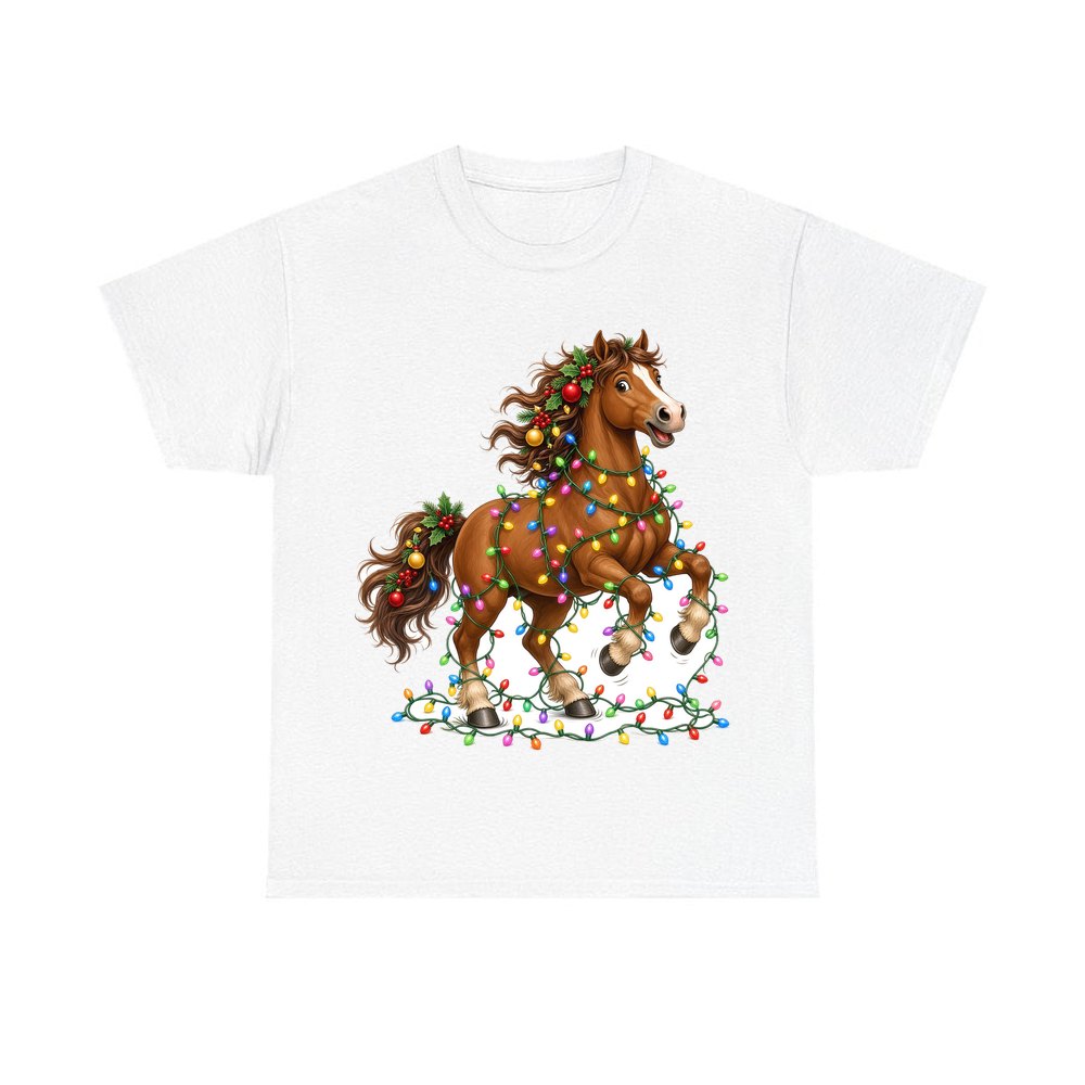 Horse Tangled in Lights personalised Christmas T-shirt in white