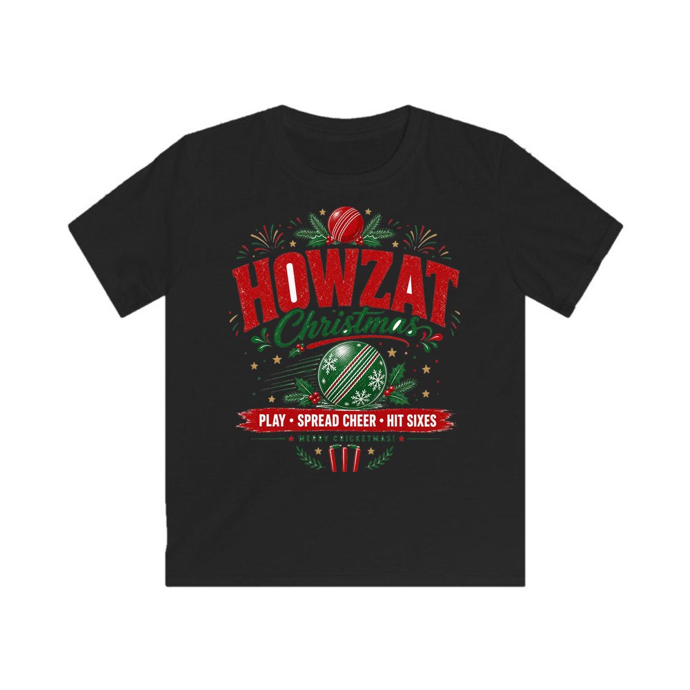 Howzat Cricket Christmas personalised kids Christmas tee in black