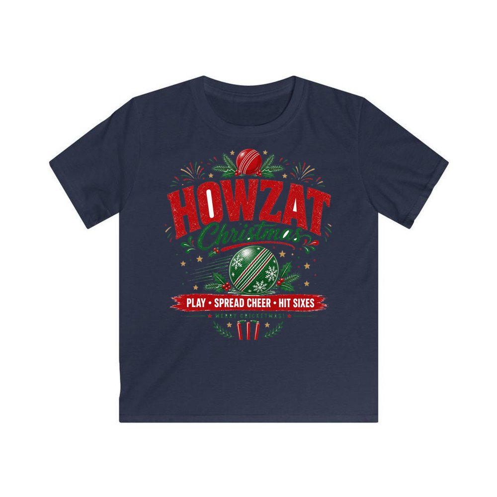 Howzat Cricket Christmas personalised kids Christmas tee in navy