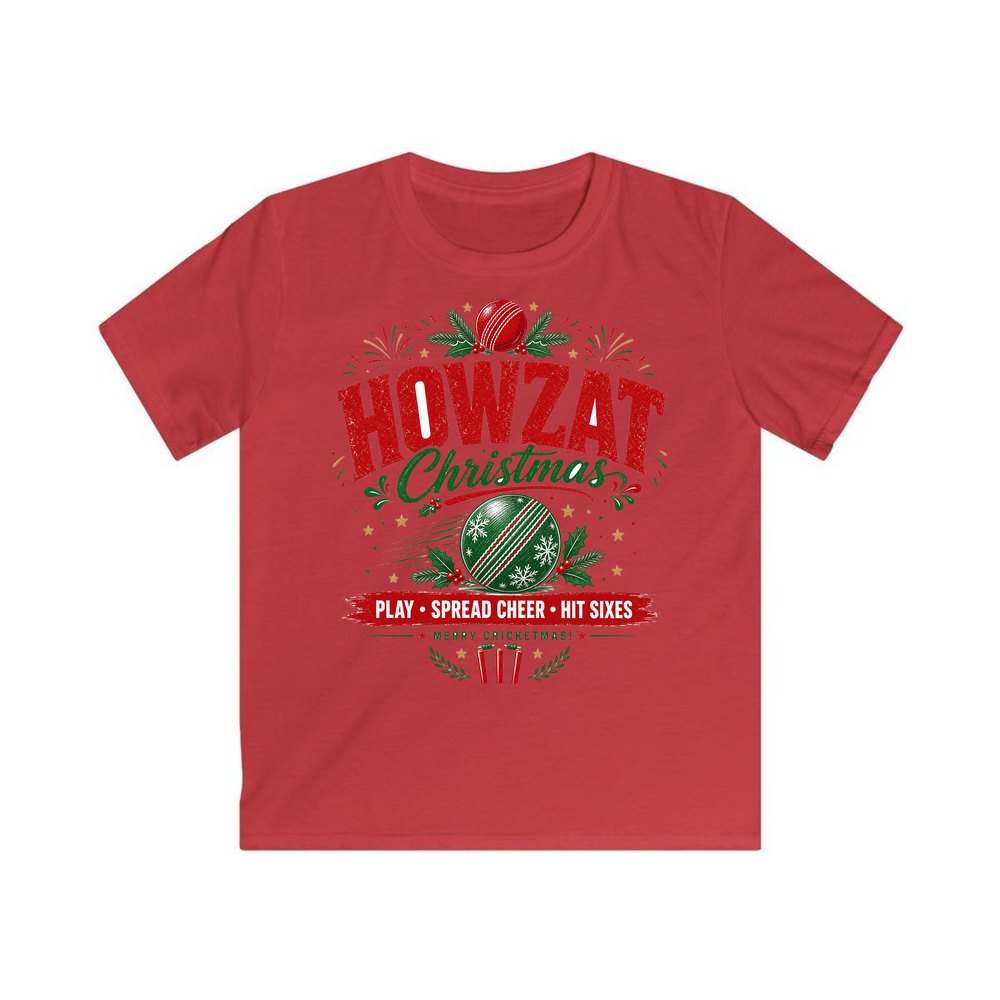 Howzat Cricket Christmas personalised kids Christmas tee in red