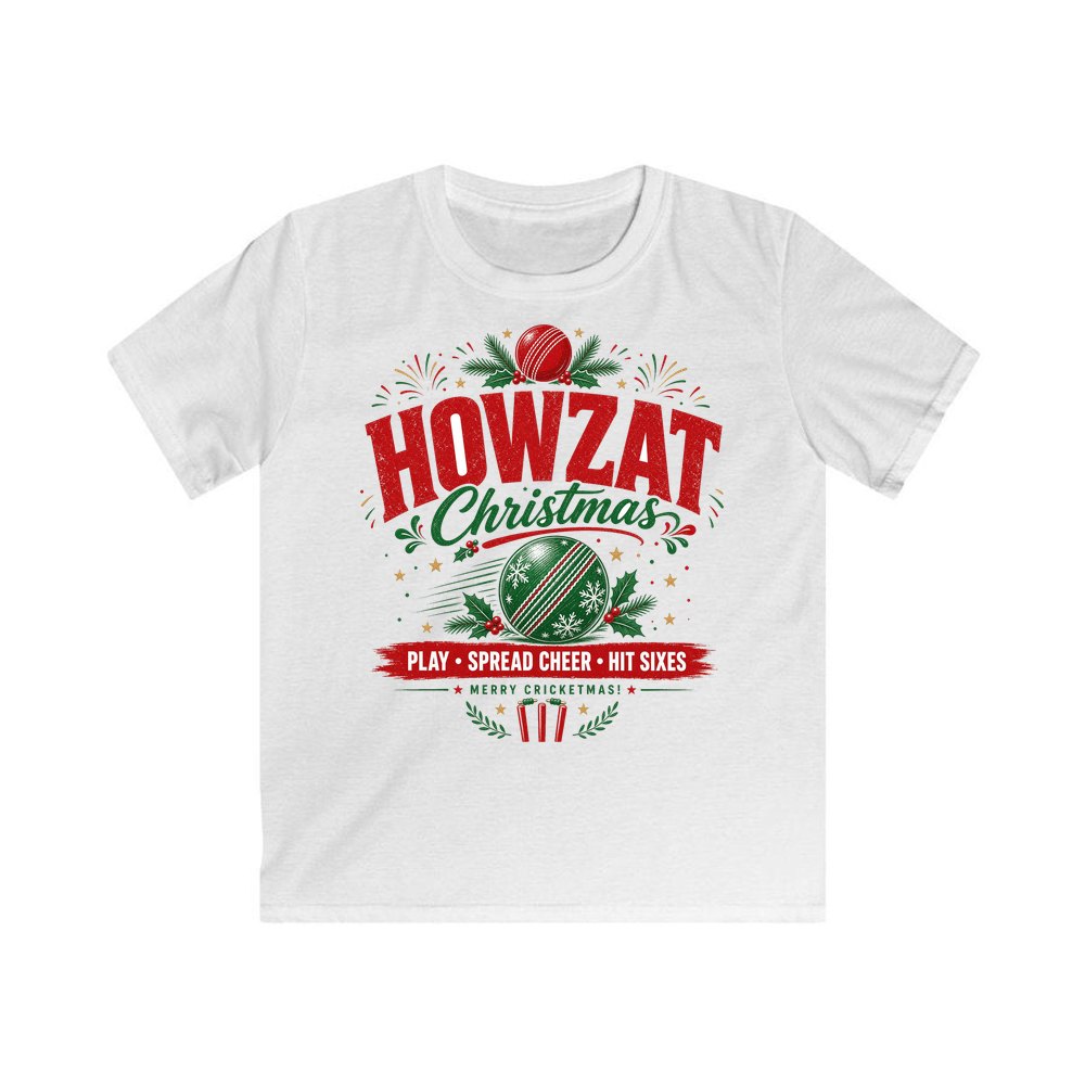 Howzat Cricket Christmas personalised kids Christmas tee in white