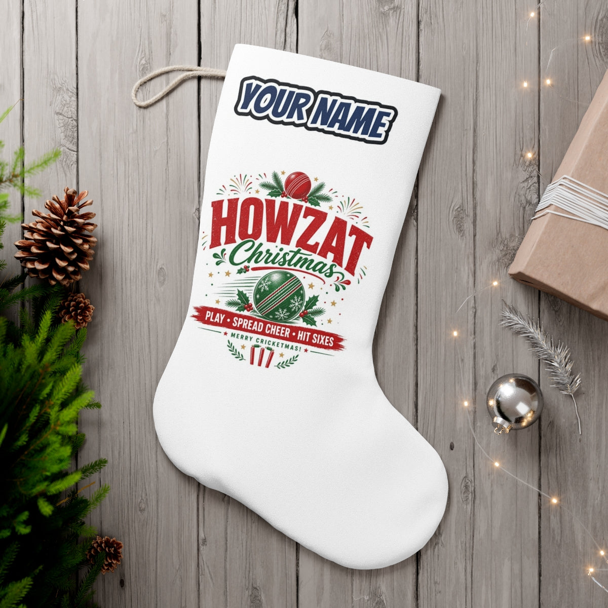 Howzat Cricket Christmas personalised Christmas stocking, white, with the name across the top