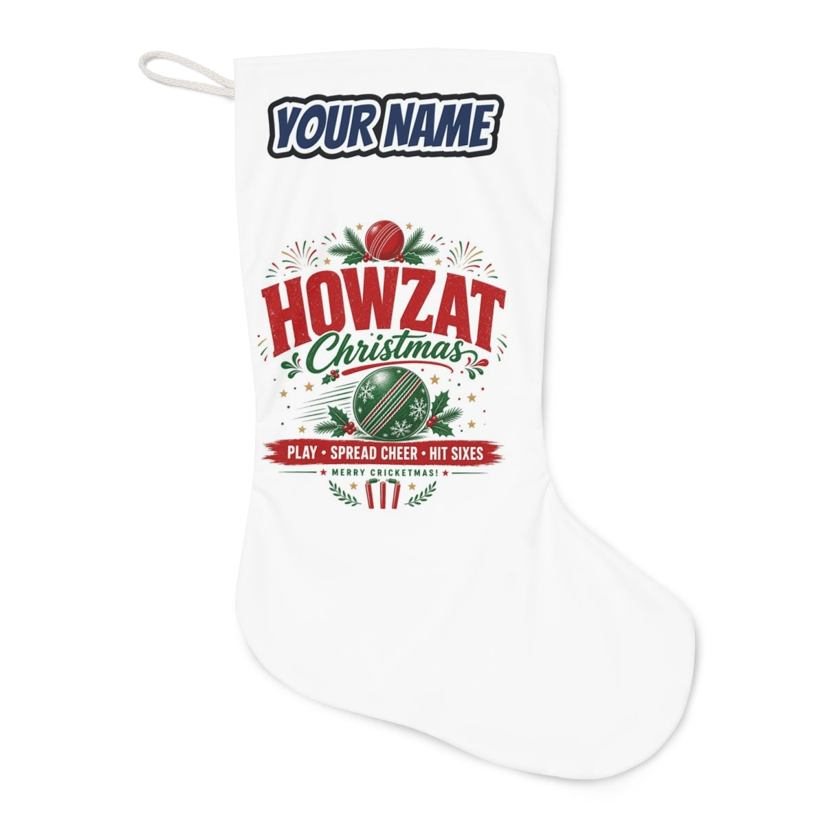 Howzat Cricket Christmas Christmas stocking laid flat, showing the full print