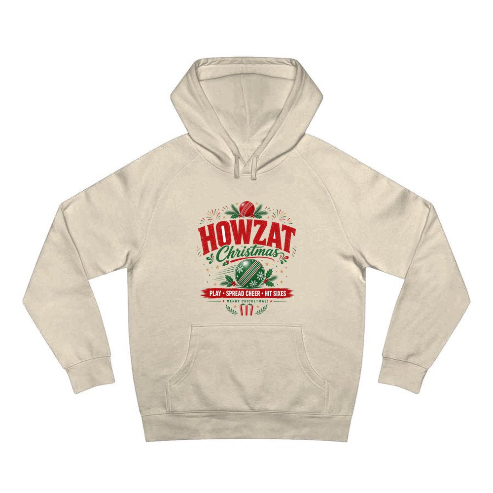 Howzat Cricket Christmas personalised Christmas hoodie in sand