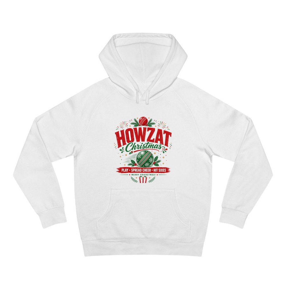 Howzat Cricket Christmas personalised Christmas hoodie in white