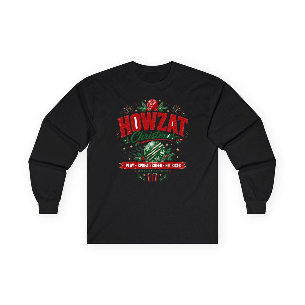 Howzat Cricket Christmas personalised long sleeve Christmas T-shirt in black