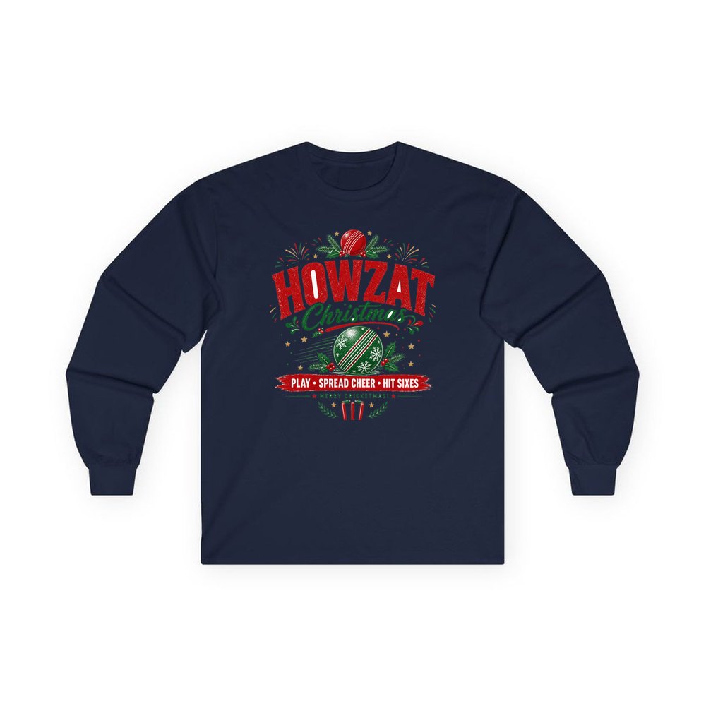 Howzat Cricket Christmas personalised long sleeve Christmas T-shirt in navy