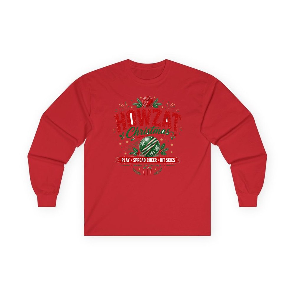 Howzat Cricket Christmas personalised long sleeve Christmas T-shirt in red